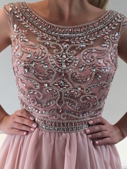 Rosa Cocktailkleider Knielang Chiffon Perlen Cocktailkleid Kurze Online Kaufen
