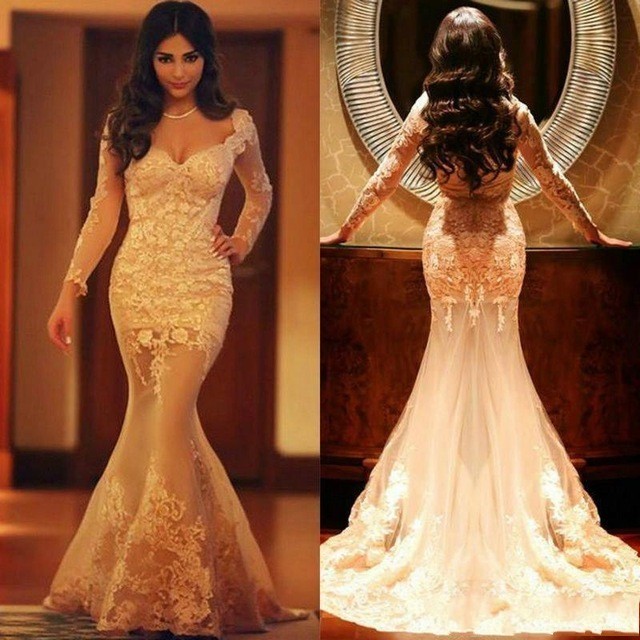 Elegant Abendkleider Lang Ärmel Spitze Meerjungfrau Bodenlang Abendmoden Abiballkleider Günstig-babyonlinedressde