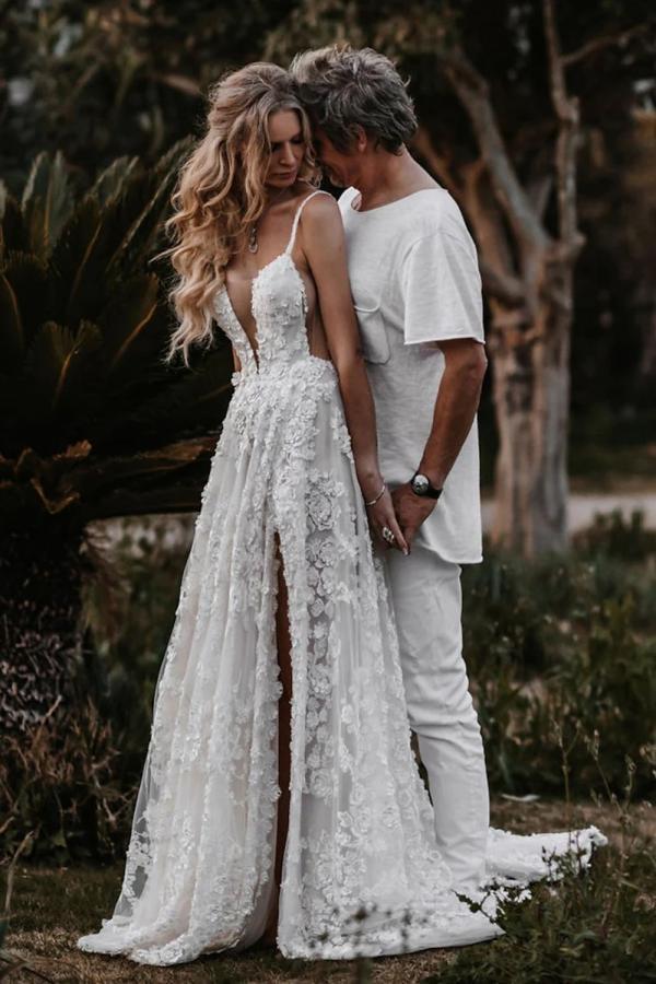 Wunderschöne Boho Brautkleider Spitze Strand Hochzeitskleid A Linie