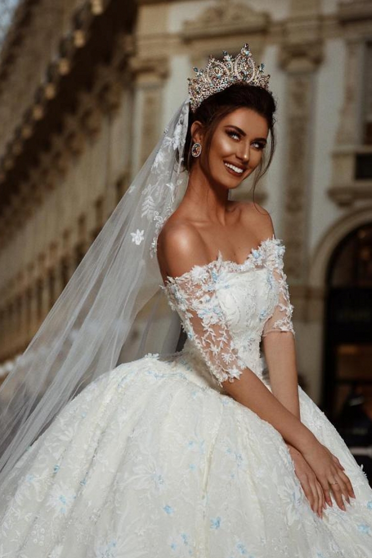 Schöne Brautkleider mit Ärmel Hochzeitskleid Prinzessin Spitze