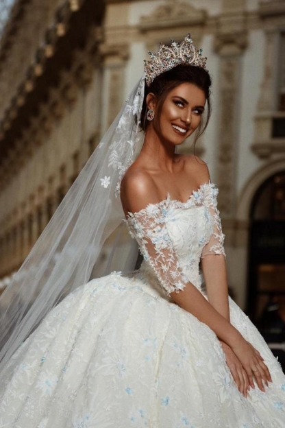 Schöne Brautkleider mit Ärmel Hochzeitskleid Prinzessin Spitze