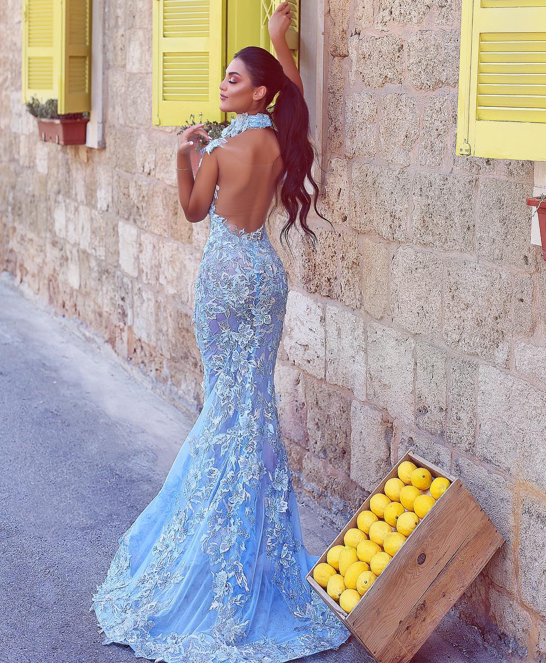 Designer Abendkleider Blau | Abiballkleider Lang Spitze