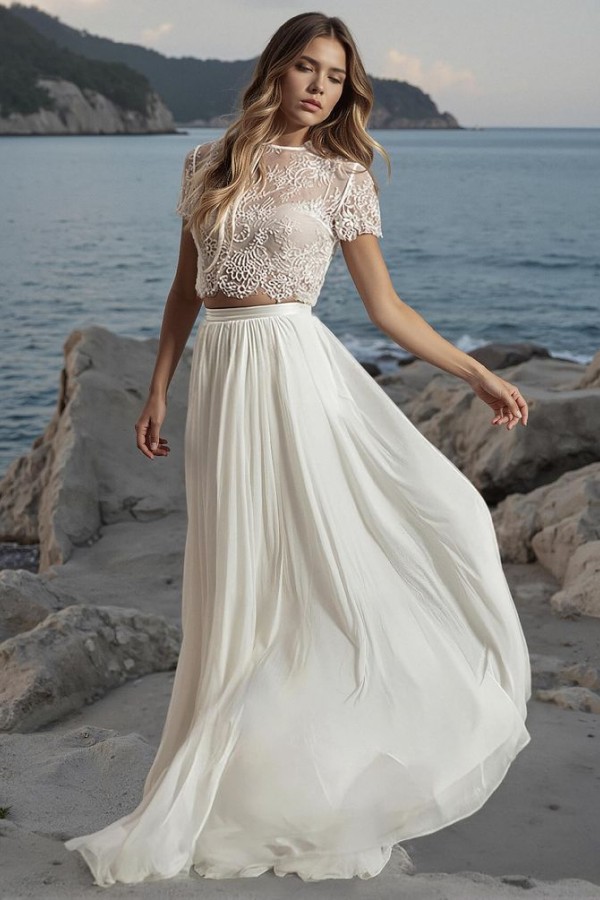 2 Teilige Brautkleider Boho A Linie Chiffon Hochzeitskleider mit Spitze