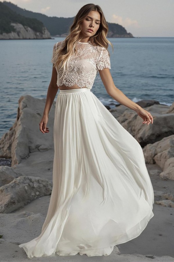 2 Teilige Brautkleider Boho A Linie Chiffon Hochzeitskleider mit Spitze
