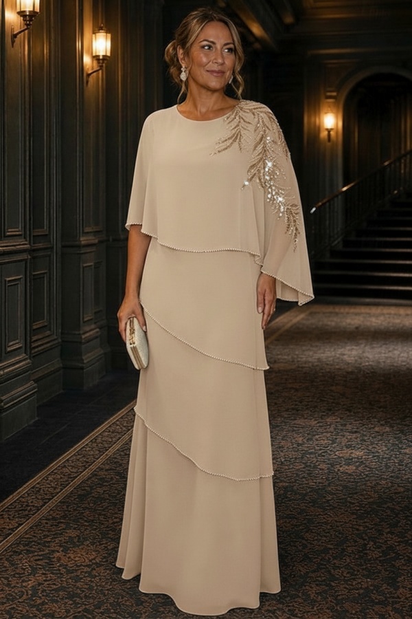 Champagner Brautmutterkleider Lang Chiffon Hochzeitsparty Kleider Glitzer