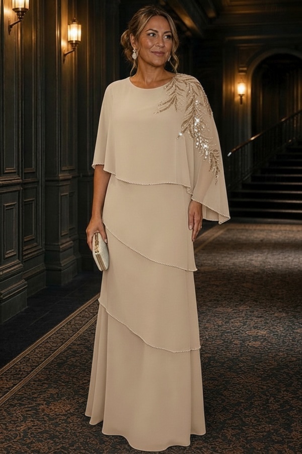 Champagner Brautmutterkleider Lang Chiffon Hochzeitsparty Kleider Glitzer