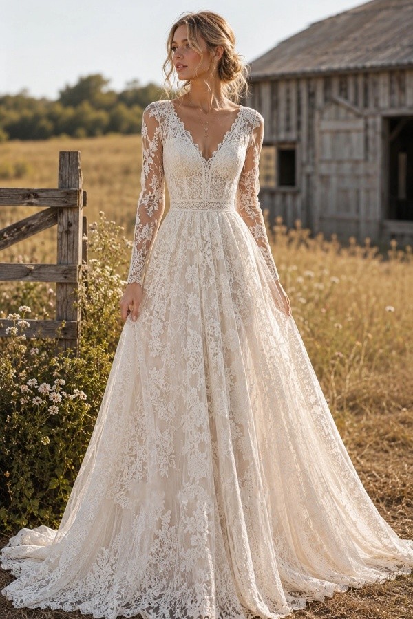 Vintage Brautkleider V Ausschnitt A Linie Spitze Hochzeitskleider Mit Ärmel