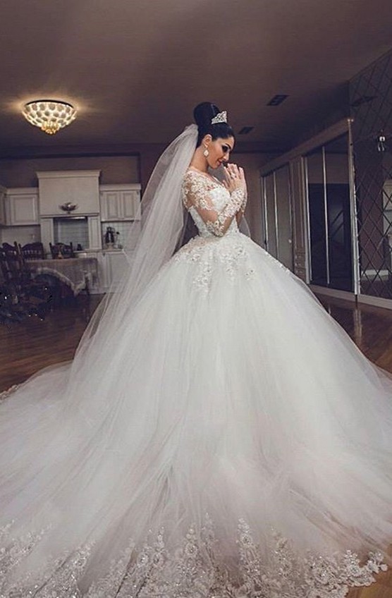 Duchesse-Linie Weiße Brautkleider Spitze Lange Ärmel Tüll Hochzeitskleider Brautmoden