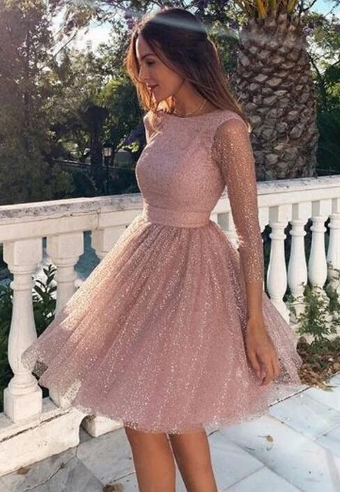 Designer Cocktailkleider Kurz Rosa | Ballkleider Glitzer mit Ärmel-babyonlinedressde
