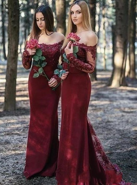 Weinrot Brautjungfernkleider Lang Günstig | Chiffon Spitze Kleider Online-babyonlinedressde