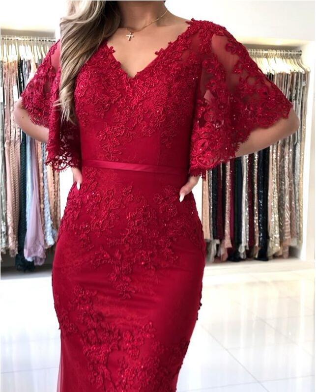 Elegante Abendkleider Lang Rot | Abendmoden Spitze mit Ärmel