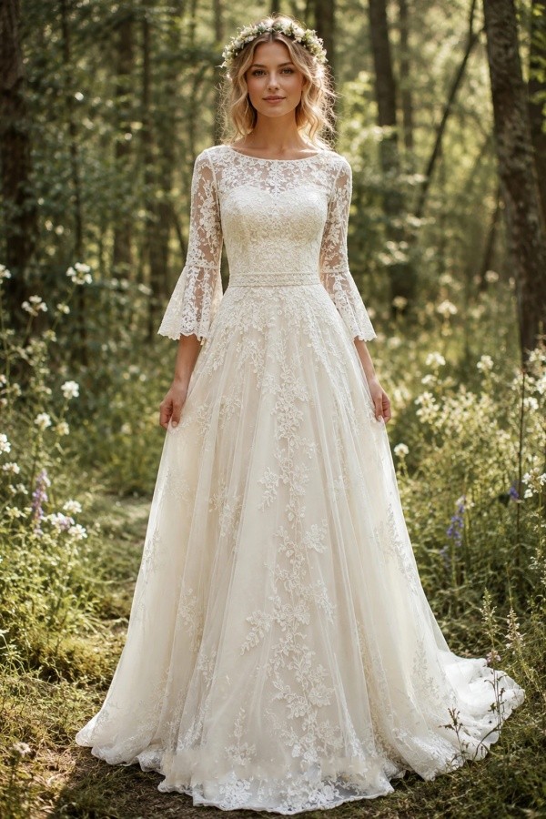 Moderne Brautkleider A Linie Spitze Bruatmoden Hochzeitskleider mit Ärmel