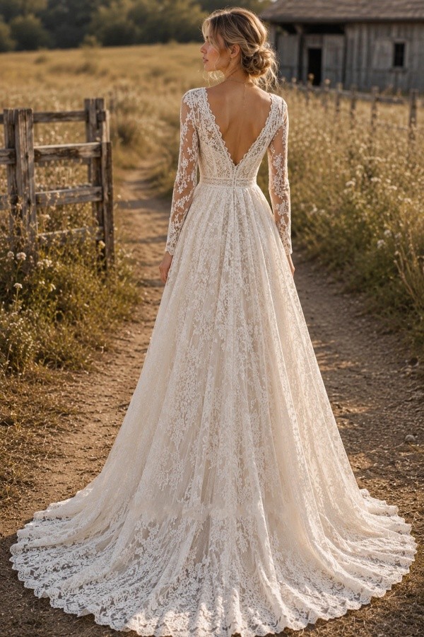 Vintage Brautkleider V Ausschnitt A Linie Spitze Hochzeitskleider Mit Ärmel