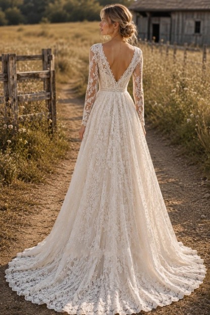 Vintage Brautkleider V Ausschnitt A Linie Spitze Hochzeitskleider Mit Ärmel