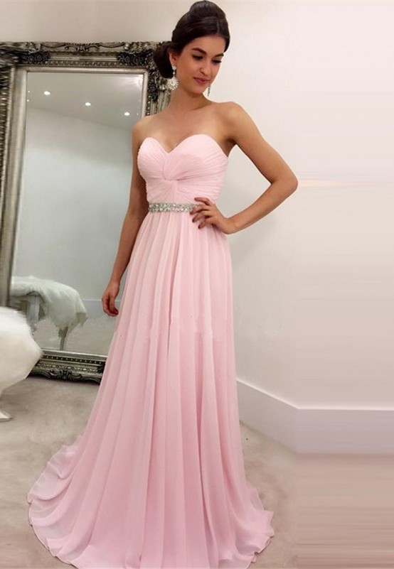 Rosa Abendkleider Lang Günstig Herz Ausschnitt Chiffon Abiballkleider Online