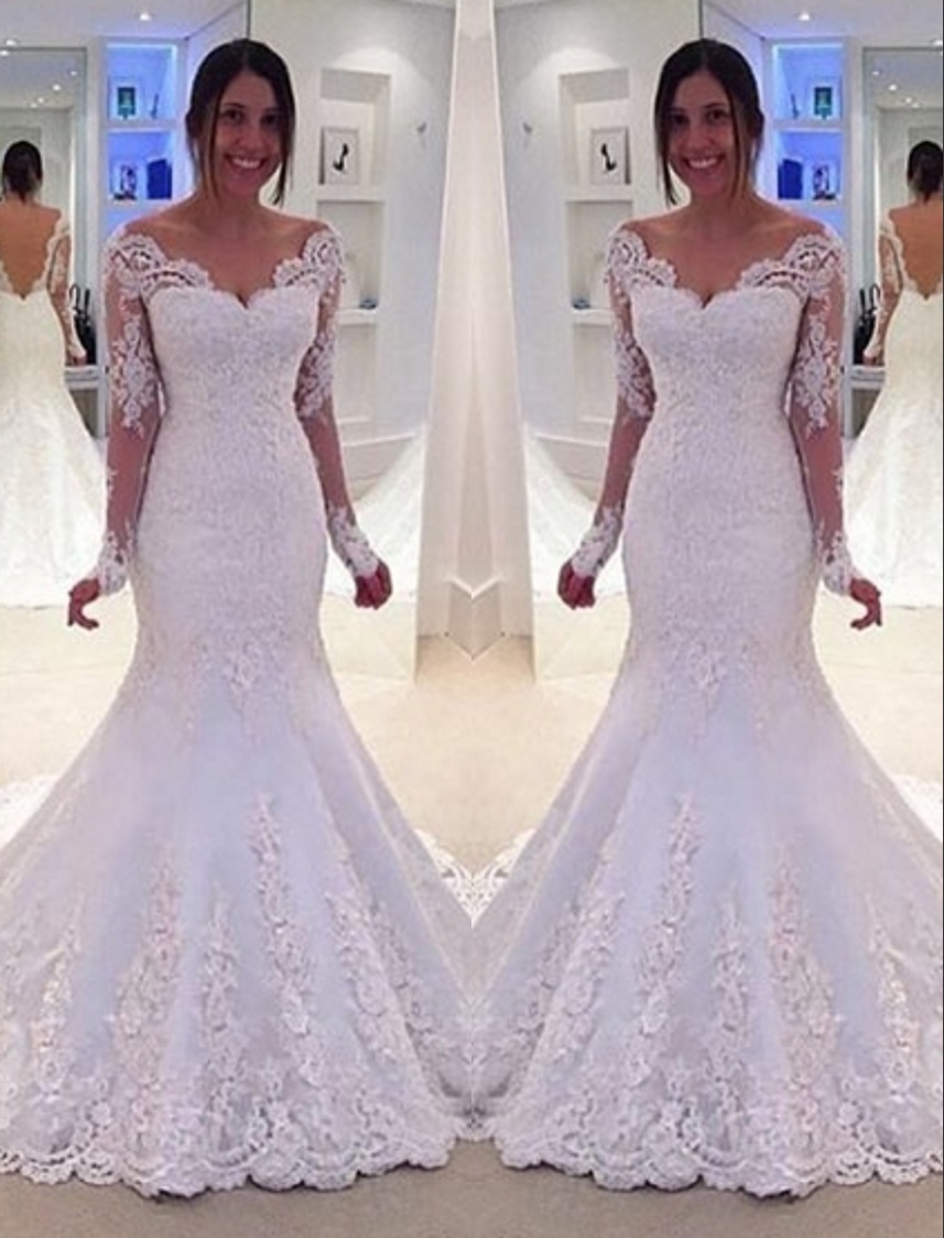 Lang Ärmel Brautkleider Weiß Spitz Meerjungfrau Rückenfrei Brautmoden Hochzeitskleider Nachmäßig-babyonlinedressde