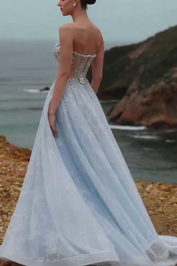 Himmel Blau Abendkleider Lang Spitze Ballkleider Abiballkleider Mit Glitzer-babyonlinedressde