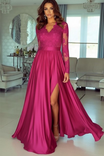 Champagne Abendkleider Lang Mit Ärmel Spitze Abendmoden Günstig