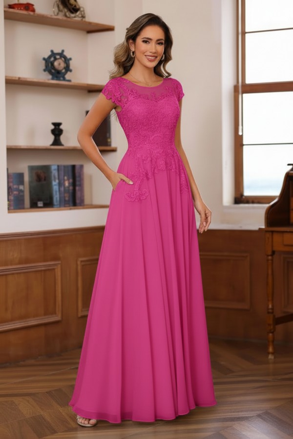 Dusty Blaue Brautmutterkleider Lang Chiffon Partykleid mit Spitze