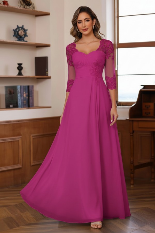 Dusty Blaue Brautmutterkleider Lang Chiffon Hoochzeitspartykleid Spitzenärmel