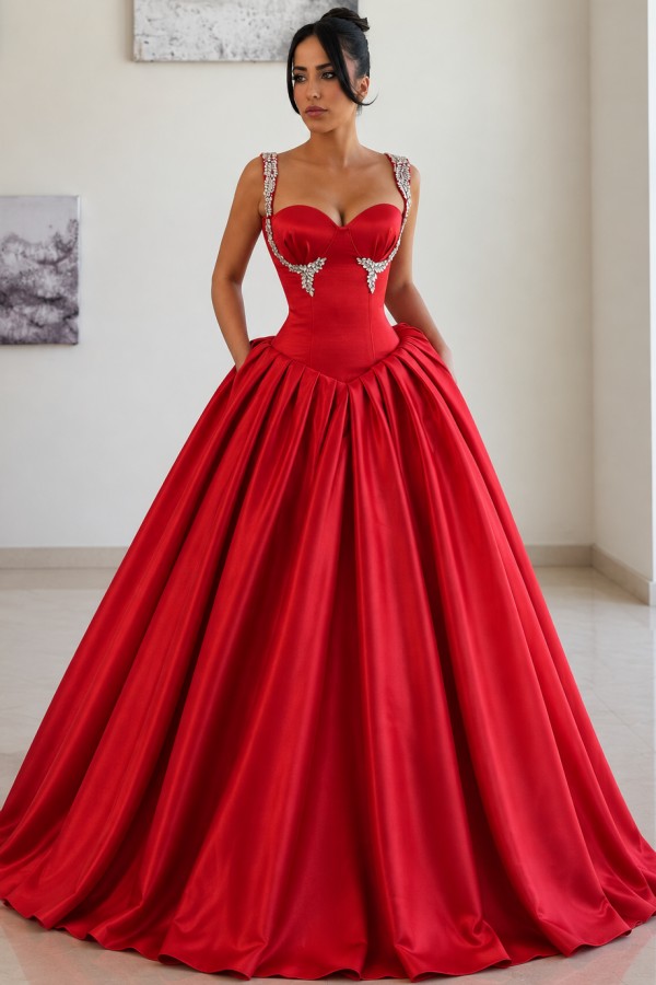 Rotes Ballkleid Abendkleid lang Prinzessin Satin mit Glitzer