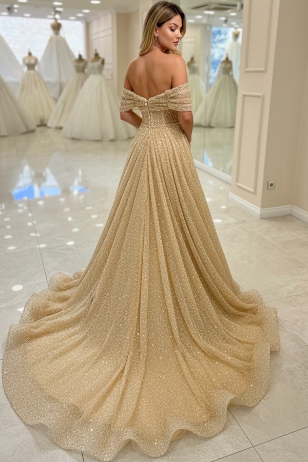 Golden Brautkleider A Linie Glitzer Hochzeitskleider Brautmode