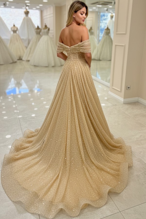 Golden Brautkleider A Linie Glitzer Hochzeitskleider Brautmode