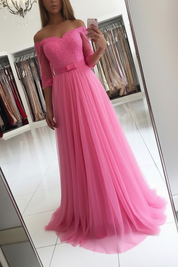 Elegante Abendkleider Lang Rosa Mit Ärmel Abendmoden Spitze Günstig