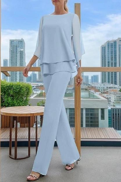 2 Teilige Himmel Blaue Chiffon Mutterkleider Lang Hosenanzug Brautmutter Online-babyonlinedressde