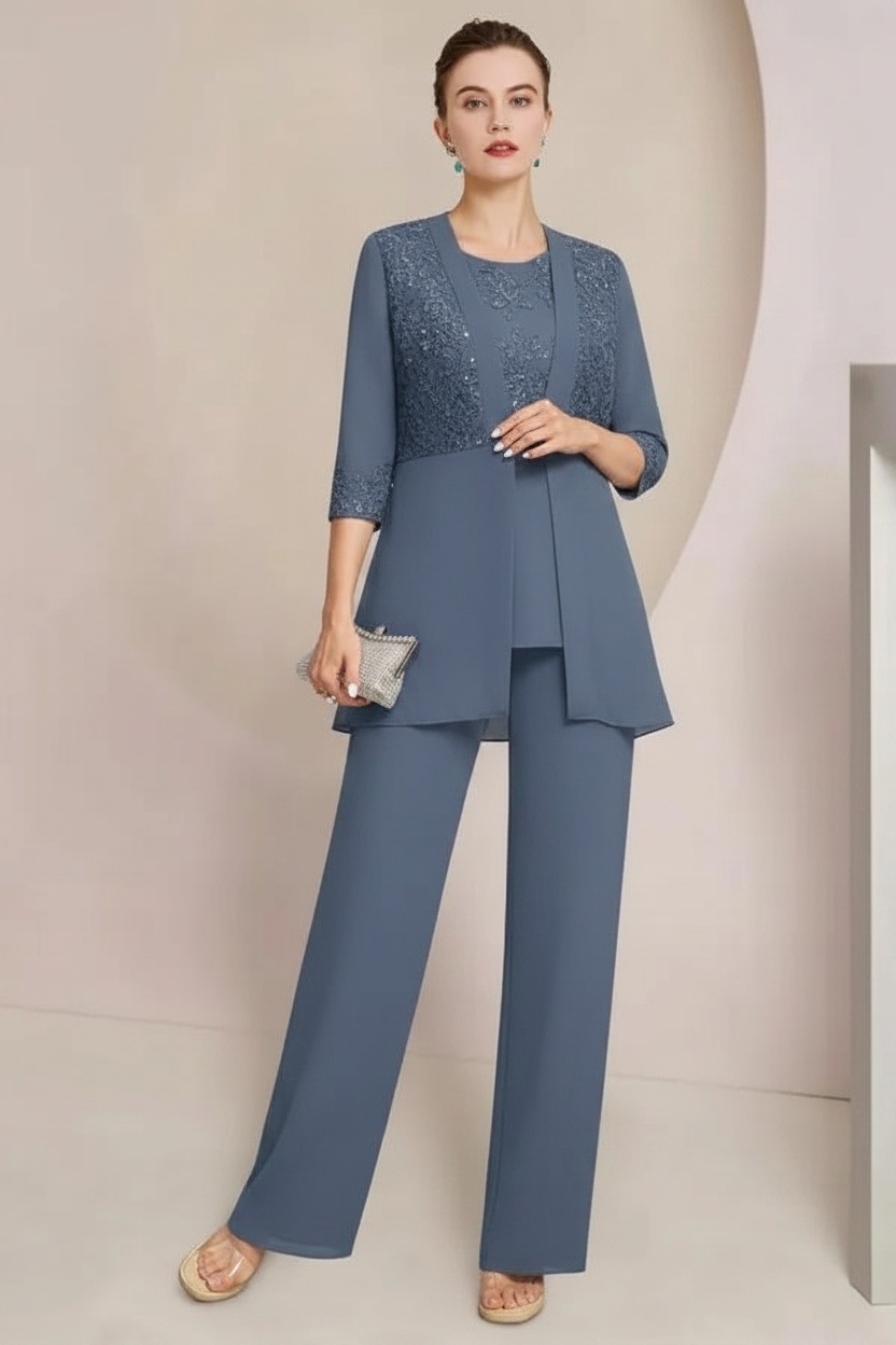 Navy Blau Brautmutter Hosenanzug Chiffon Festliche Hosenanzüge