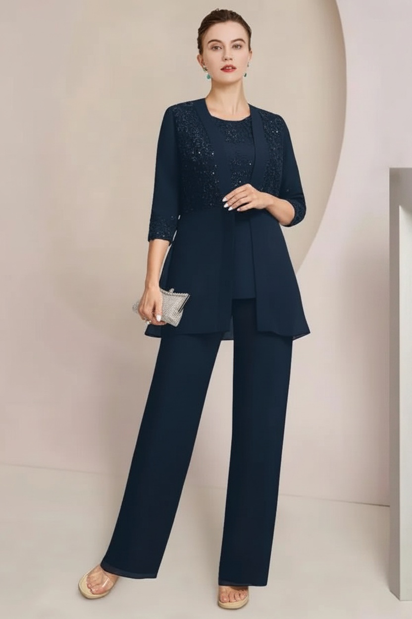 Navy Blau Brautmutter Hosenanzug Chiffon Festliche Hosenanzüge