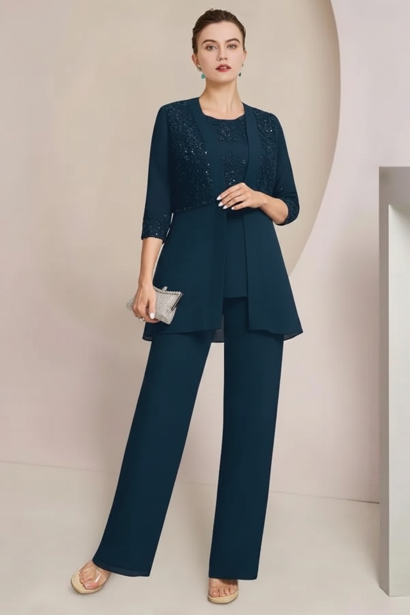 Navy Blau Brautmutter Hosenanzug Chiffon Festliche Hosenanzüge