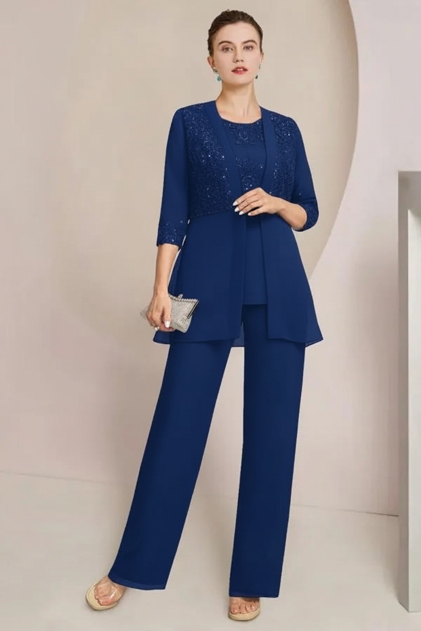 Navy Blau Brautmutter Hosenanzug Chiffon Festliche Hosenanzüge