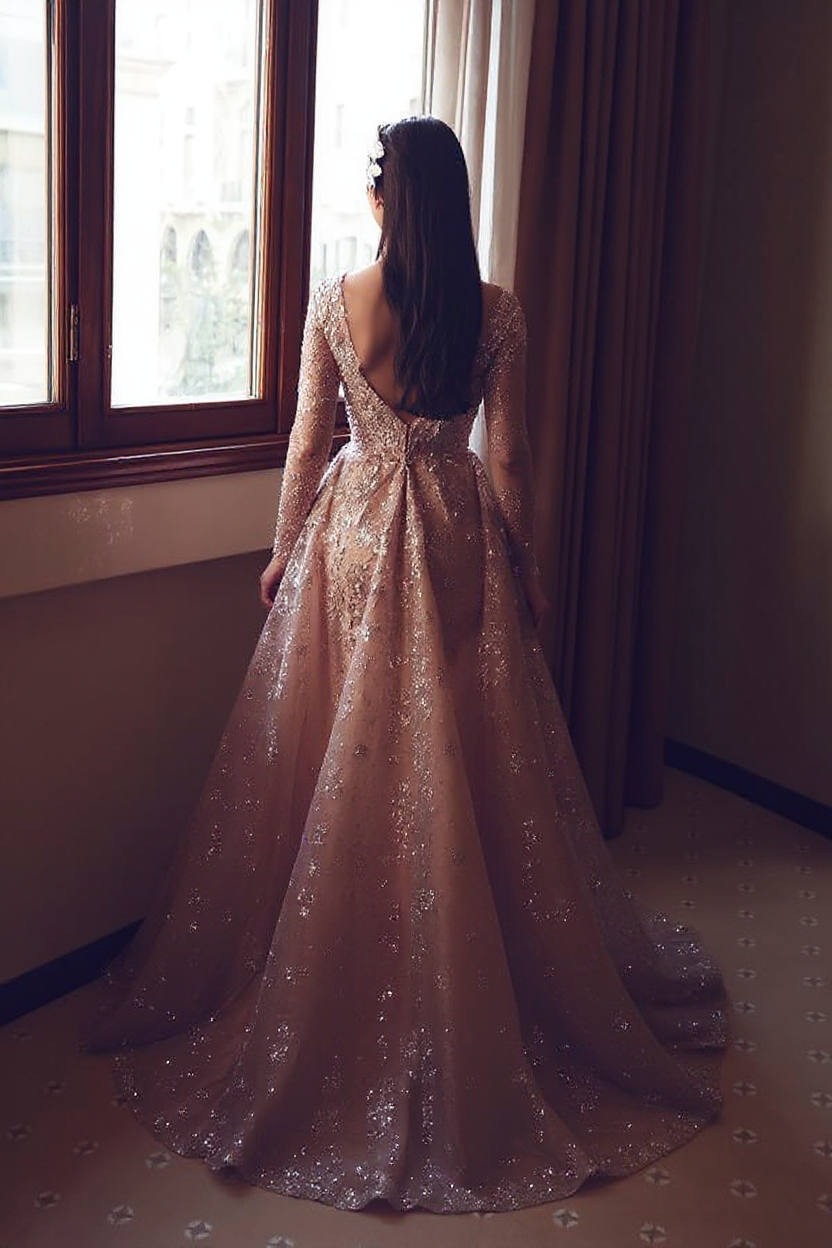Dusty Rosa Abendkleider Lang Glitzer Ballkleider Abiballkleider mit Ärmel