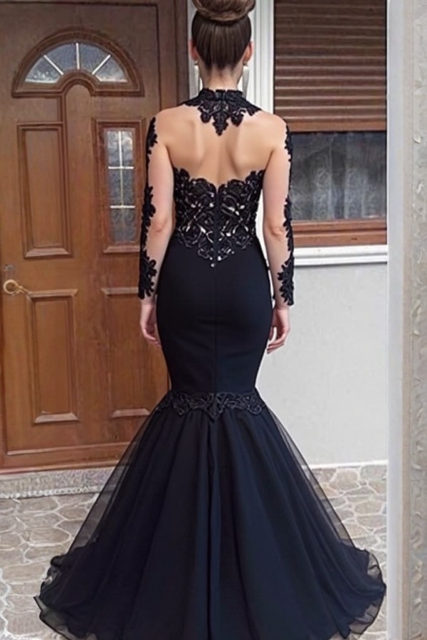 Elegante Abendkleider Lang Schwarz Mit Ärmel Spitze Meerjungfrau Abiballkleider Abendmoden Online