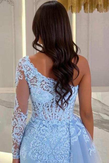 Sexy Abendkleider Lang Blau | Spitze Abiballkleider mit Ärmel