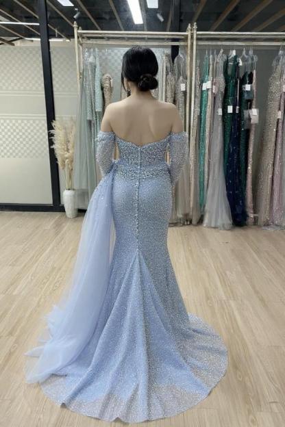 Luxus Abendkleider Lang Himmel Blau Ballkleider mit Glitzer-babyonlinedressde