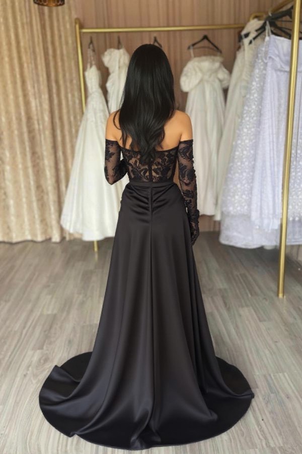 Designer Abendkleider Lang Schwarz | Abiballkleider mit Spitzeärmel