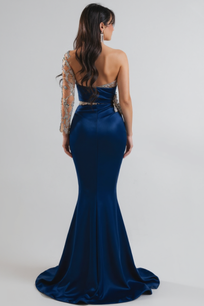 Fashion Abendkleider Lang Blau Glitzer Ballkleider Mit Ärmel