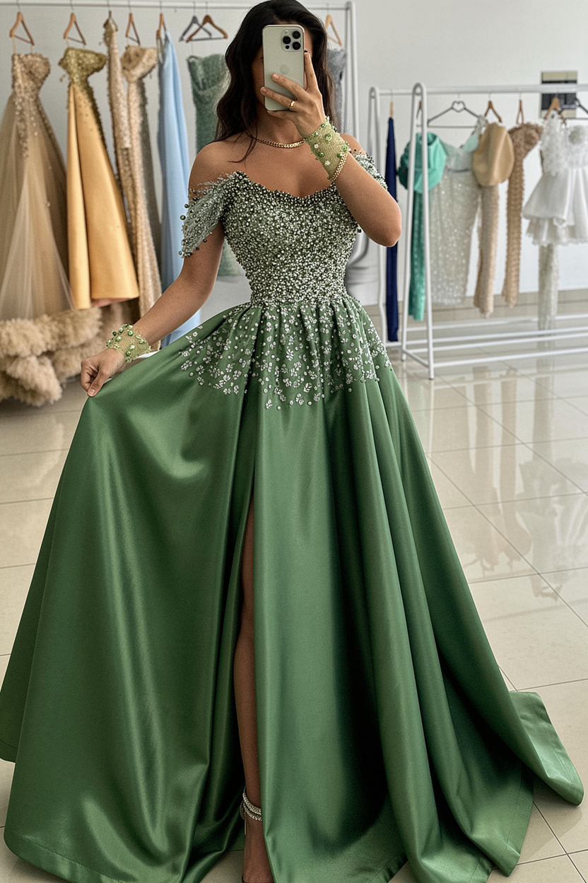 Günstige Abendkleider Lang Grün Ballkleider Abiballkleider mit Glitzer