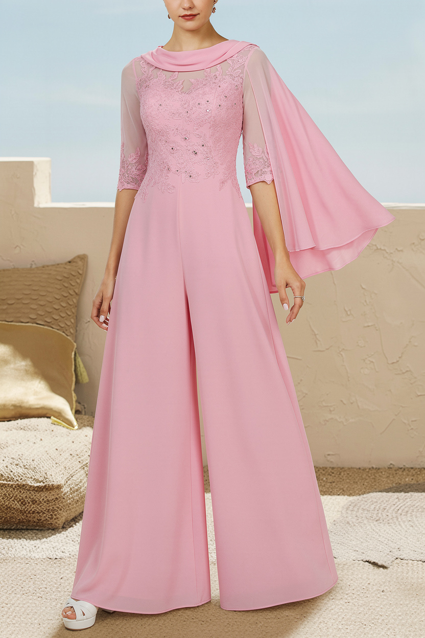 Navy Blau Jumpsuit Hosenanzüge Lang Chiffon Brautmutterkleider mit Ärmel