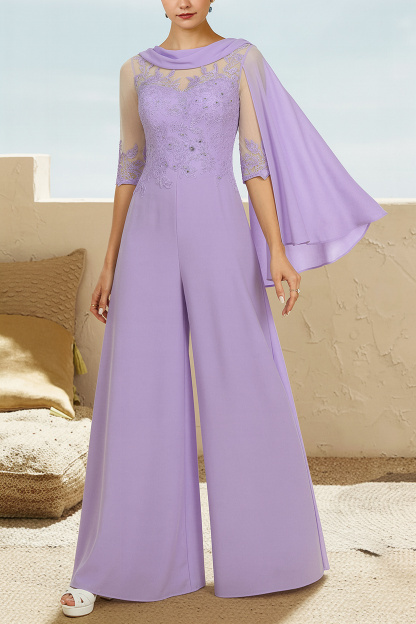 Navy Blau Jumpsuit Hosenanzüge Lang Chiffon Brautmutterkleider mit Ärmel