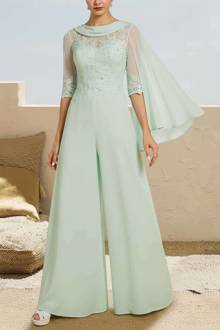 Navy Blau Jumpsuit Hosenanzüge Lang Chiffon Brautmutterkleider mit Ärmel