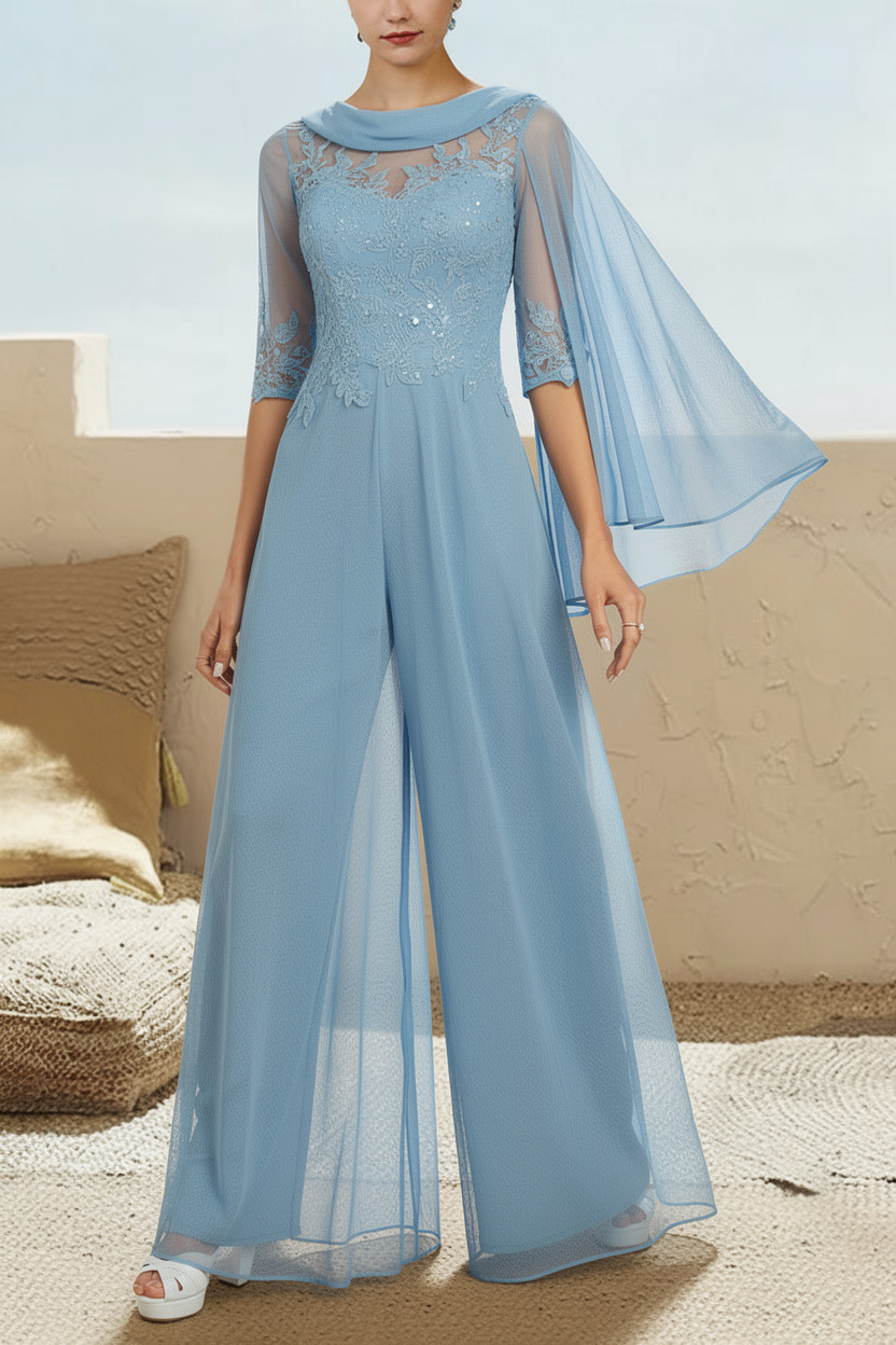 Navy Blau Jumpsuit Hosenanzüge Lang Chiffon Brautmutterkleider mit Ärmel