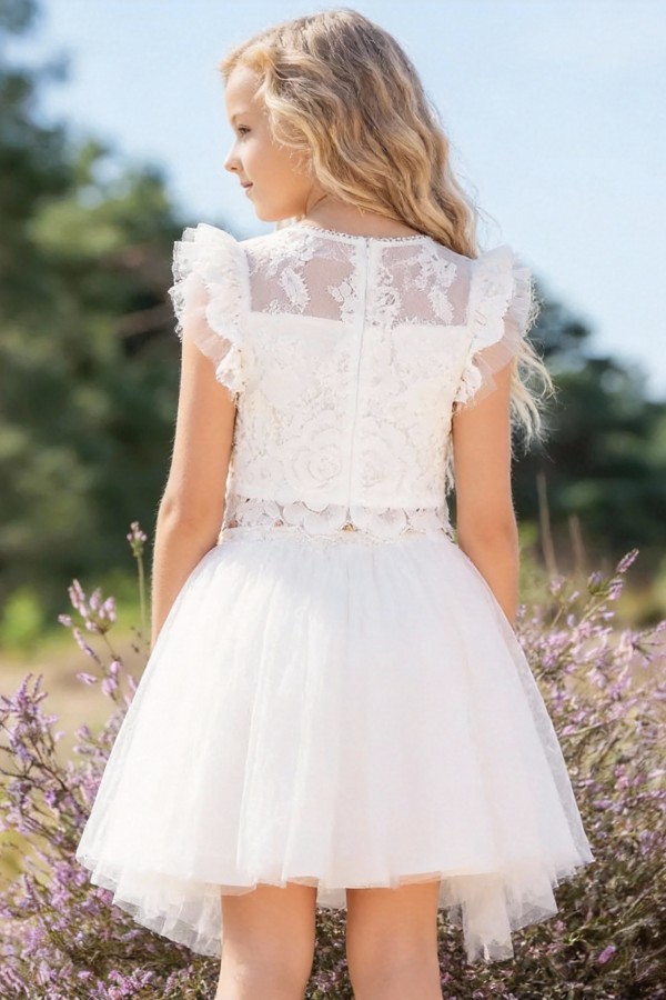 2 Teilig Kinder Hochzeitskleider Spitze Kurze Blumenmädchenkleider