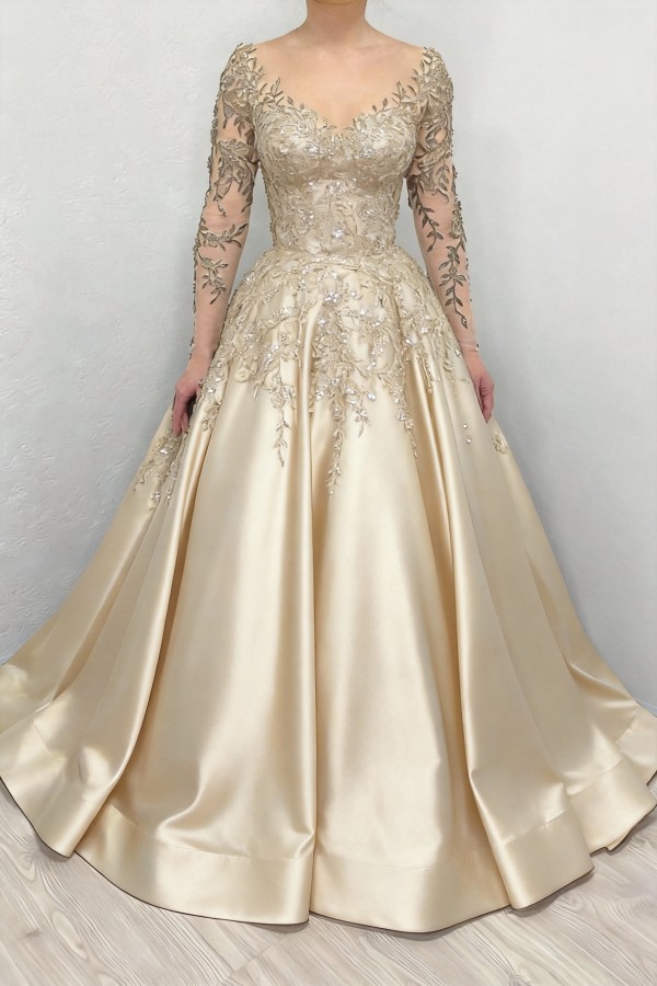 Elegante Brautkleider Schwarz | Satin Hochzeitskleider mit Ärmel