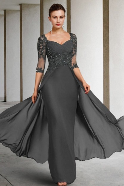 Grau Hochzeistgäste Kleider Lang Chiffon Brautmutterkleider mit Ärmel