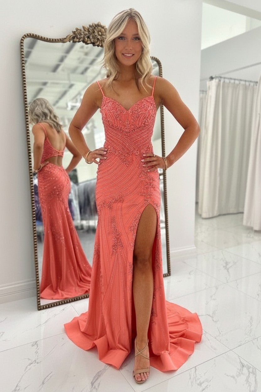 Elegantes Abendkleid Lang Rot Meerjungfrau Ballkleider Glitzer