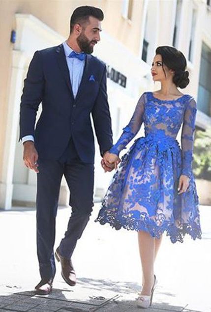 Royal Blau Kurze Cocktailkleider Lang Ärmel Spitze Abendkleider Partykleider