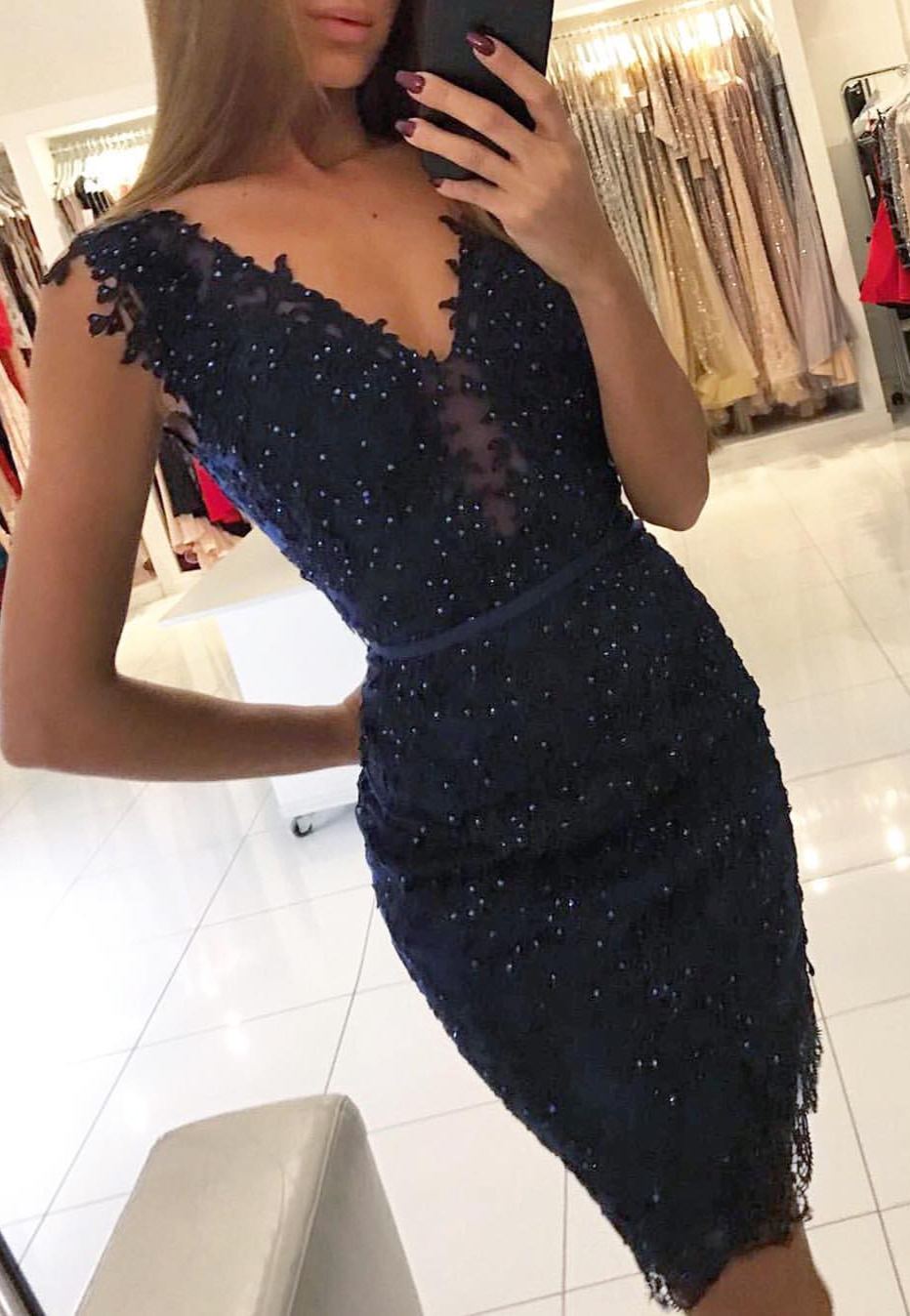 Dunkel Blaues Abendkleid Kurz Cocktailkleider Spitze Online-babyonlinedressde